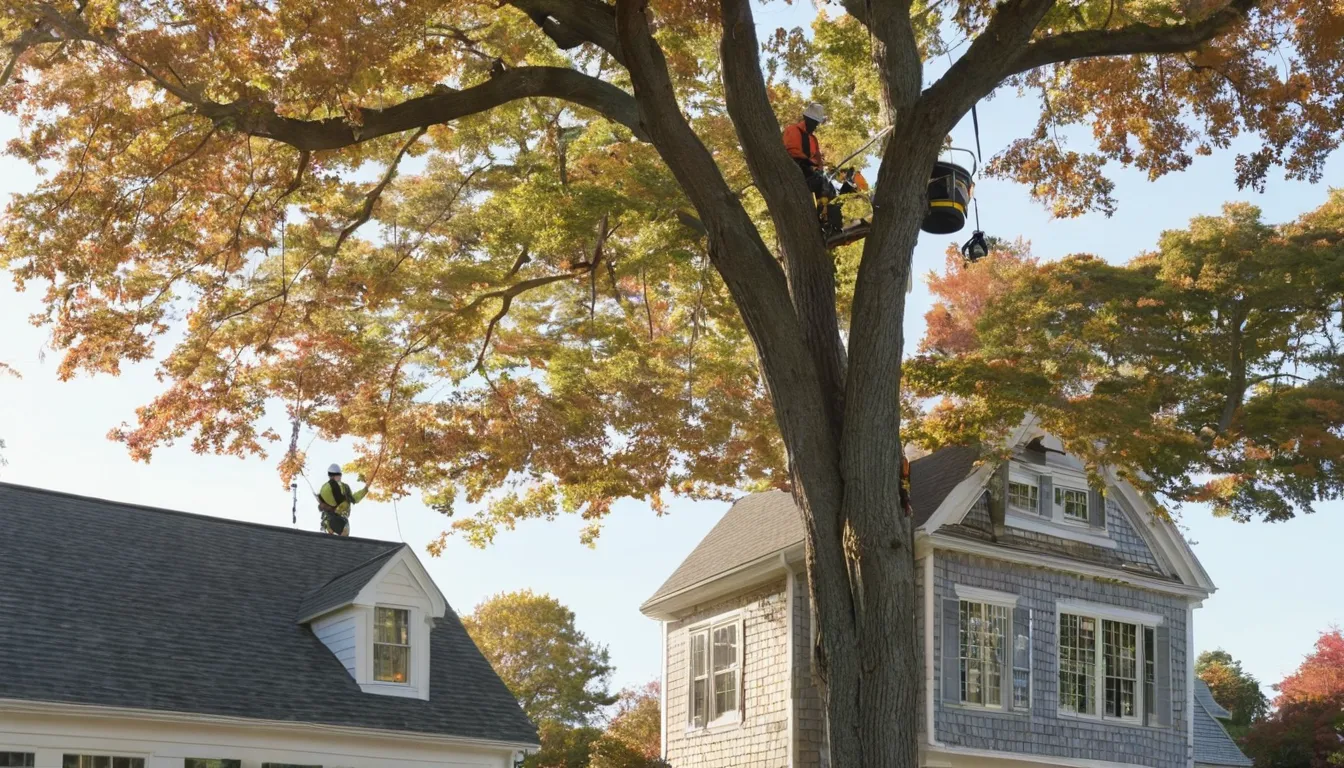 A local provider guiding a large tree trunk down in sections beside a house in Scranton